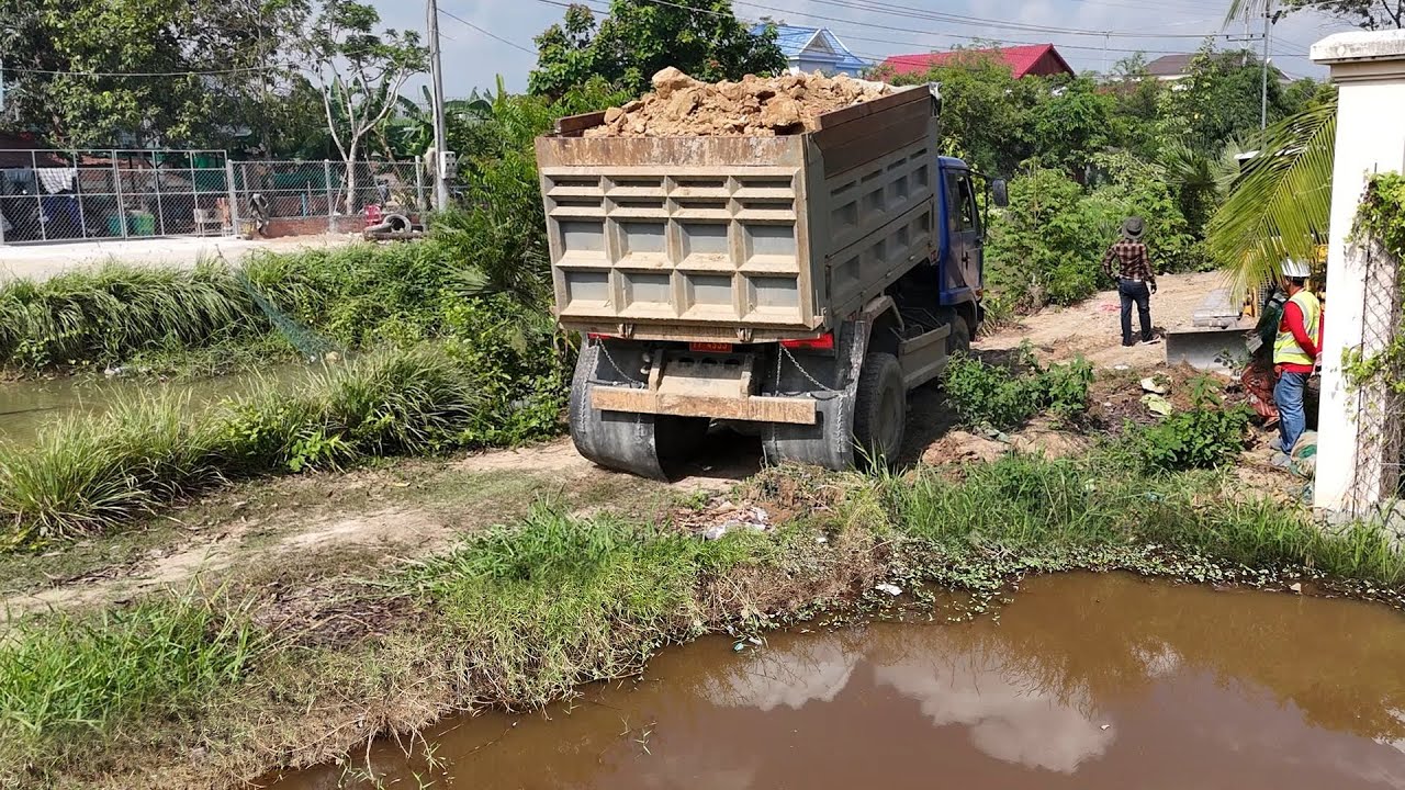 Nicely Started!! Flooded Region land filling Using Trucks NISSAN & Push by KomatSu