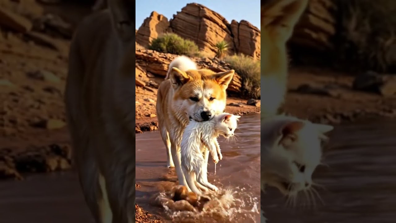 Akita Dog Rescues Kitten from Flash Flood!🌊🐕&zwj;🦺🐱 #Shorts #KittenRescue #NoAnimalsHarmed