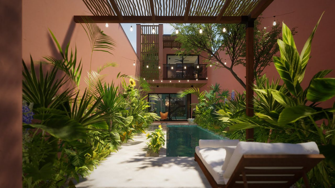 Narrow 3 Bed Small Tropical Courtyard House design | with Pool