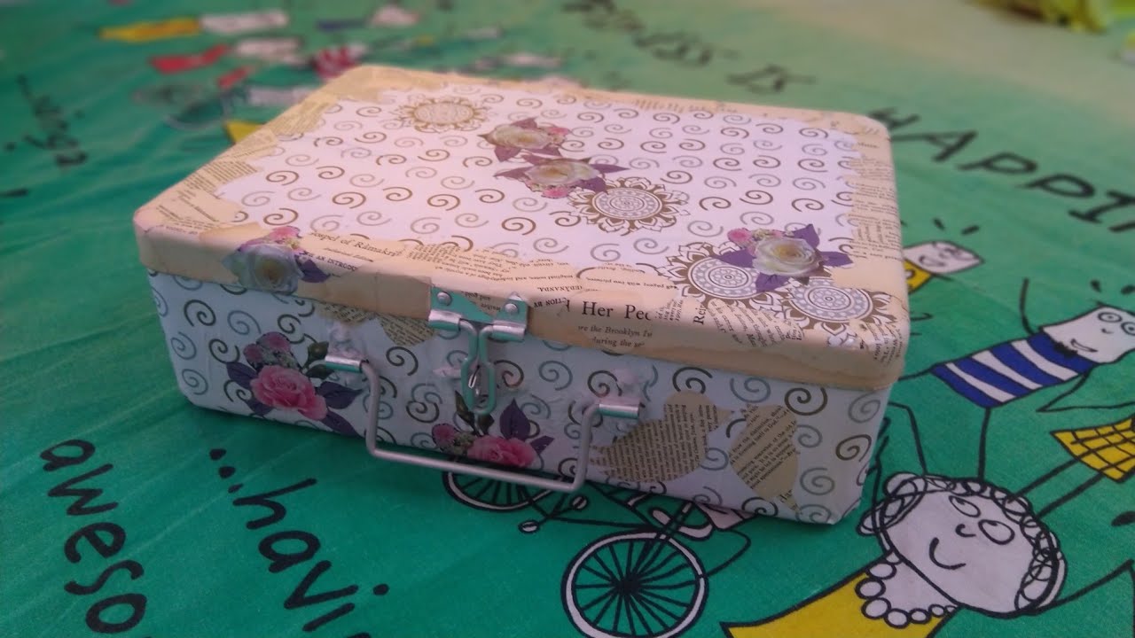 Simple Decoupage on Metal Box with Gift Wrapping Paper || Makeover Small Trunk || Home Decor