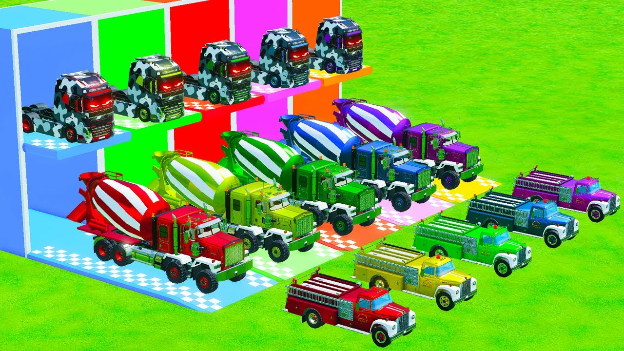 Garage with Colors - ALL MIXER TRUCK WITH DOUBLE FLATBED TRAILER TRUCK, SCANIA, KAMAZ, RENAULT, FS22