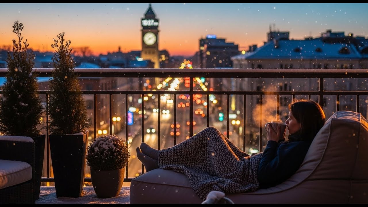 Get relaxing under the snow in the city at the golden night