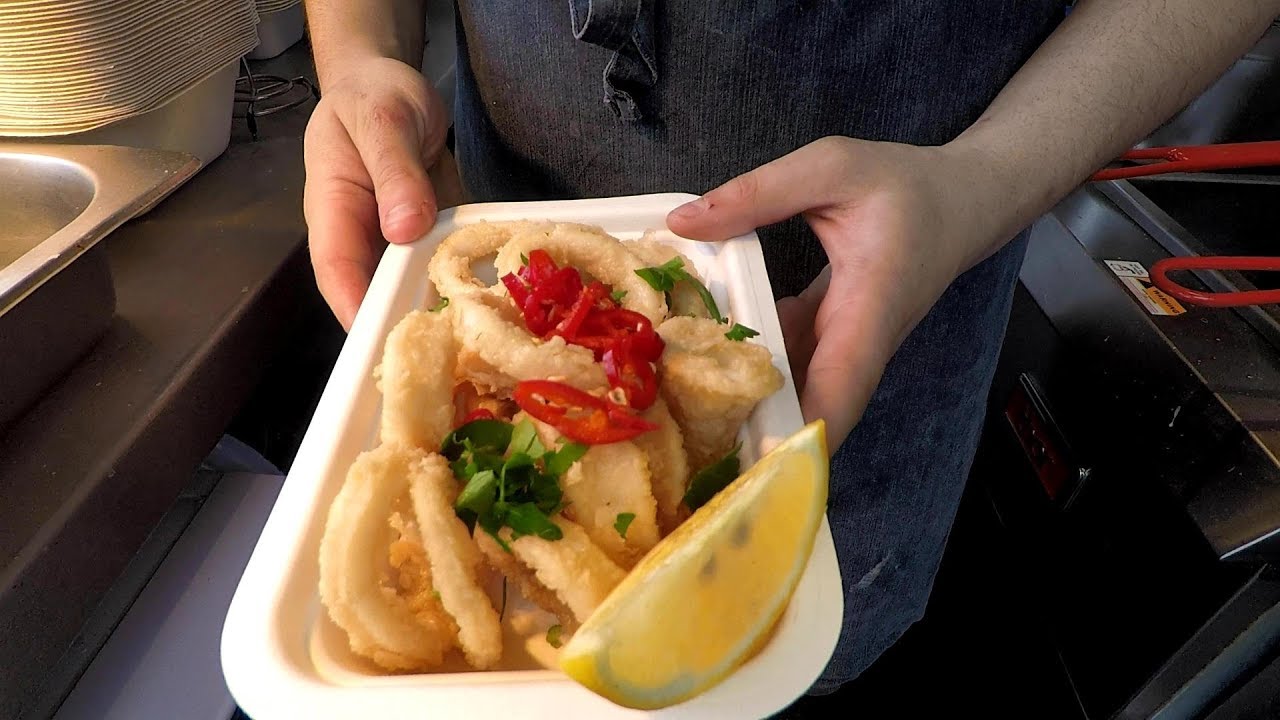 Fish & Chips, Calamari & Chips, Traditional English Street Food of London. Camden Town