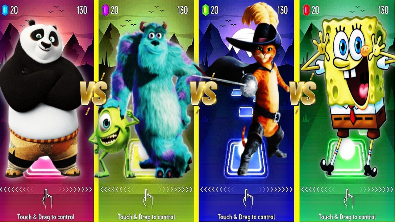 KUNGFU PANDA🆚MONSTERS UNIVERSITY🆚PUSS IN BOOTS🆚 SPONGEBOB COFFIN DANCE SONG IN TILES HOP