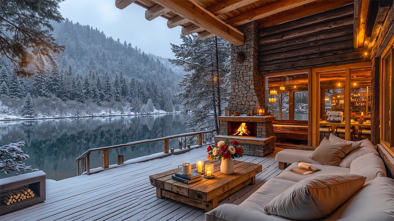 Tranquil Winter Jazz by the Fireplace ❄️ Cozy Lakeside Cabin Café Porch for Study & Stress Relief ☕