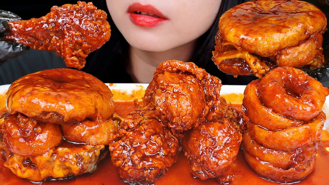 ASMR AYAM KRISPY, BEEF BURGER, ONION RINGS SIRAM SAOS SAMYANG 🔥 MUKBANG ASMR INDONESIA