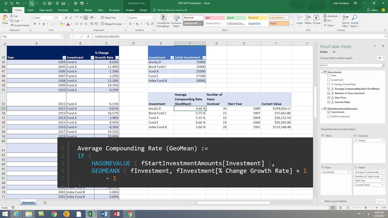 Excel Magic Trick 1427: DAX GEOMEANX function: Average Compounding Rate per Period for FV Calc