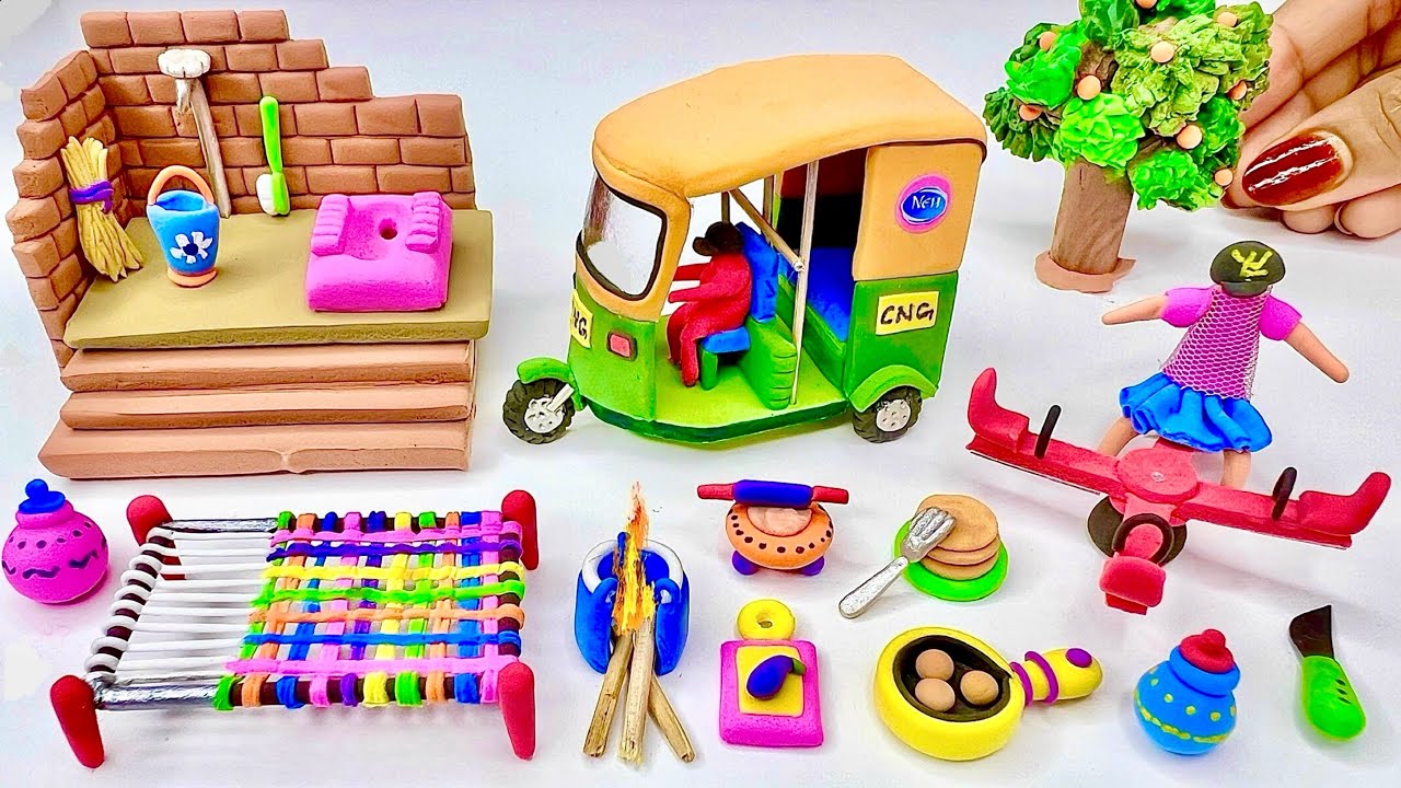 DIY How to make polymer clay miniature Washroom set, Kitchen set,Charpai ,Tree, |clay miniature life