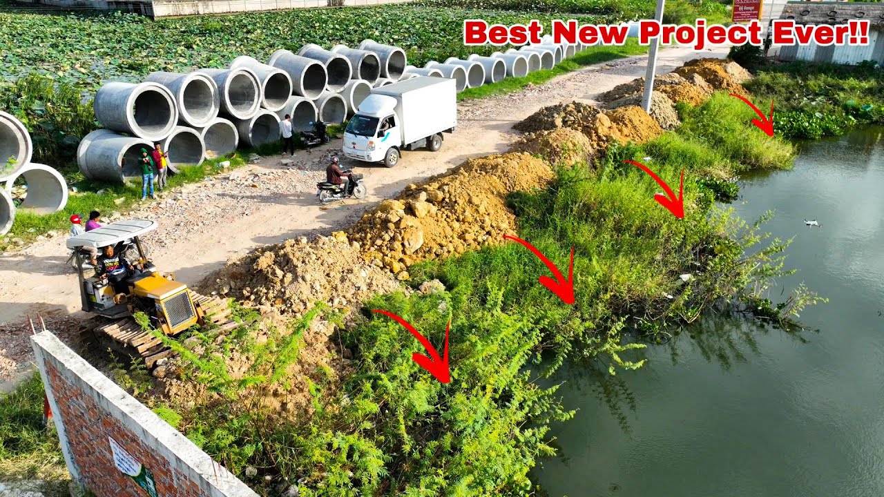 OMG!! Beautiful New Project With Small Bulldozer Pushing Soil To Coverage The Lake