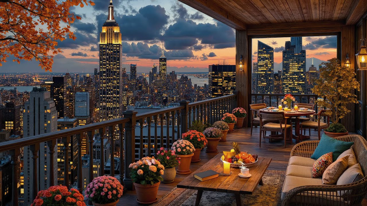 Autumn Jazz Balcony in New York 🍁Smooth & Cozy Evening Jazz for Relax, Study & Calm