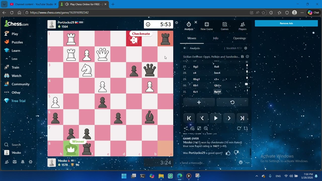 First Chess game after receiving a rating. Plus a game review. Trying to follow Slowkaru hehe