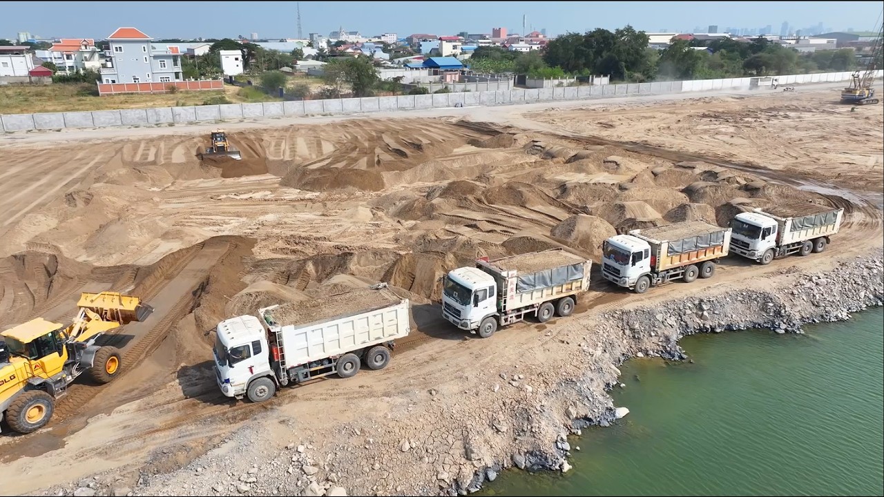 Amazing!! SHACMAN Truck Delivery Sand Filling Lake With Dozer+WheelLoader  Push Sand