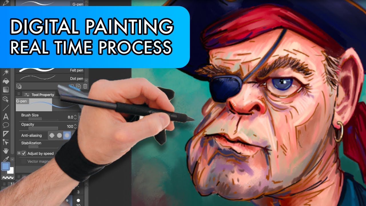 Painting a Pirate Portrait in Real Time. On a Huion Kamvas 16 Gen 3 (Clip Studio)