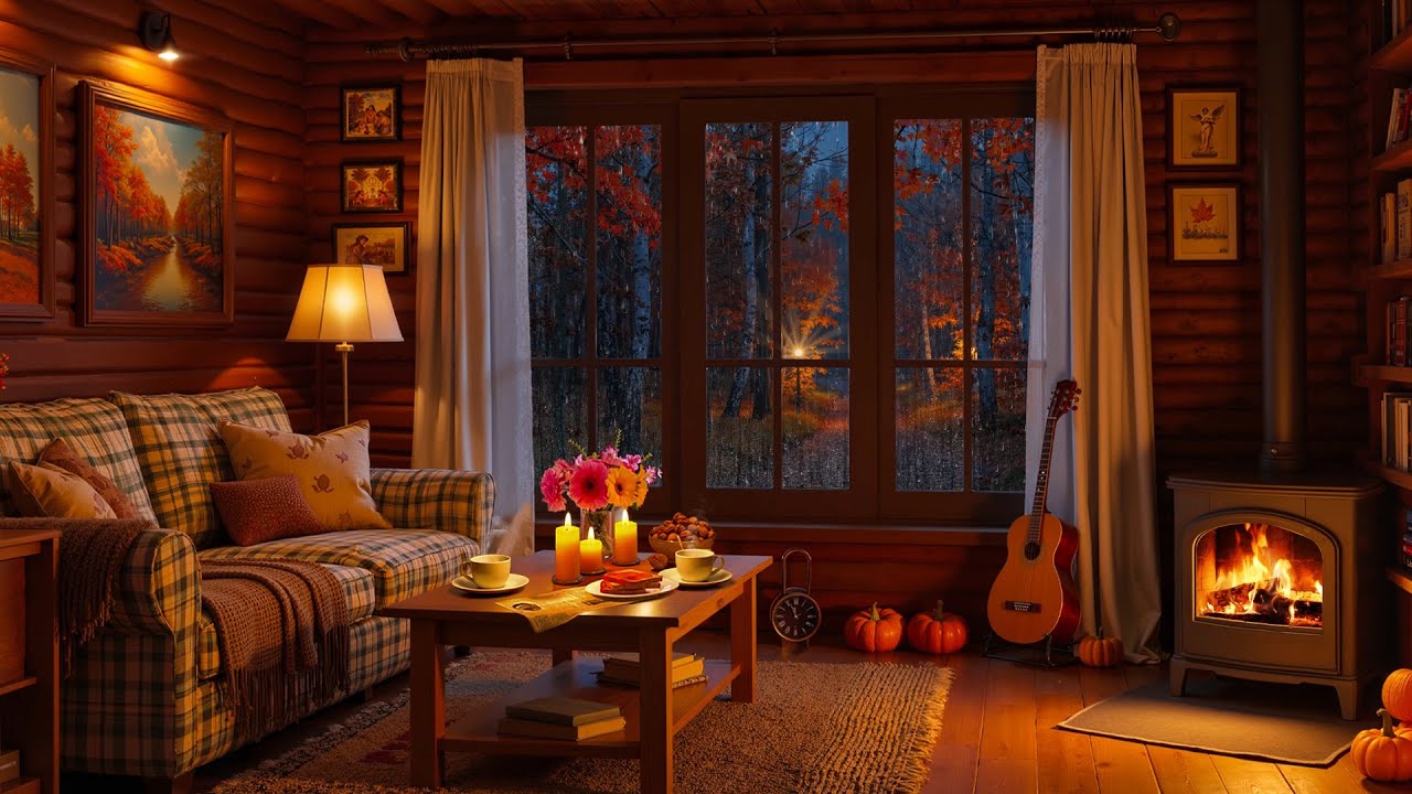 Cozy Autumn Cabin by the Woods 🍁 Smooth Jazz, Crackling Fireplace & Rainfall for Relaxation