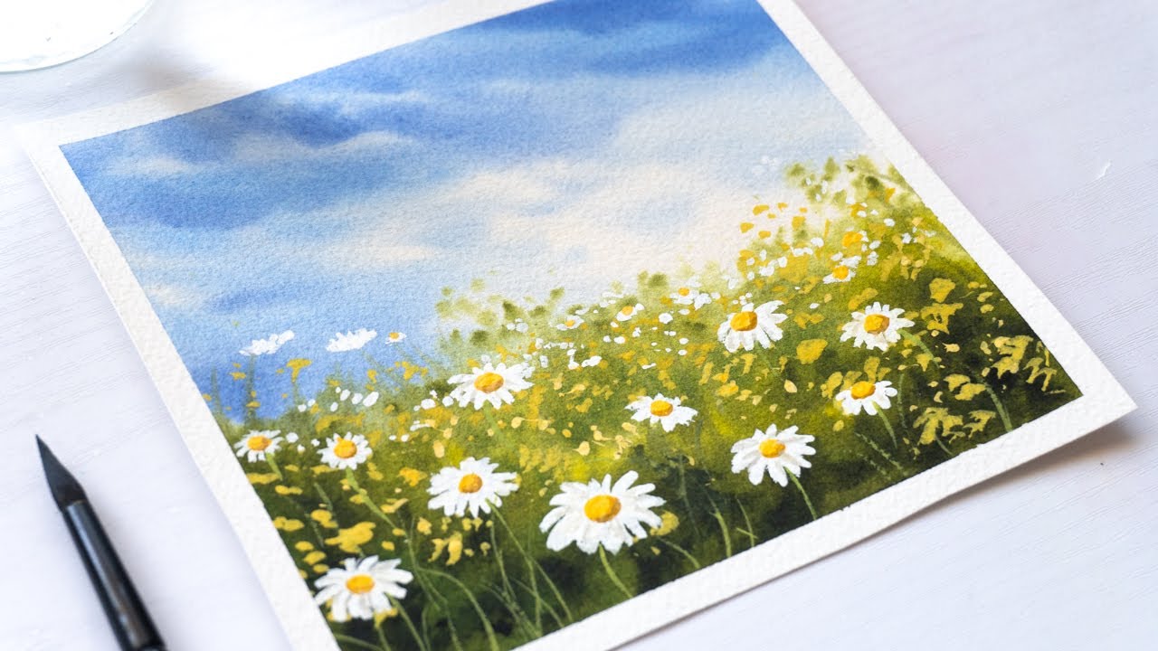 How to draw a daisy flower field using watercolors | watercolor easy painting idea