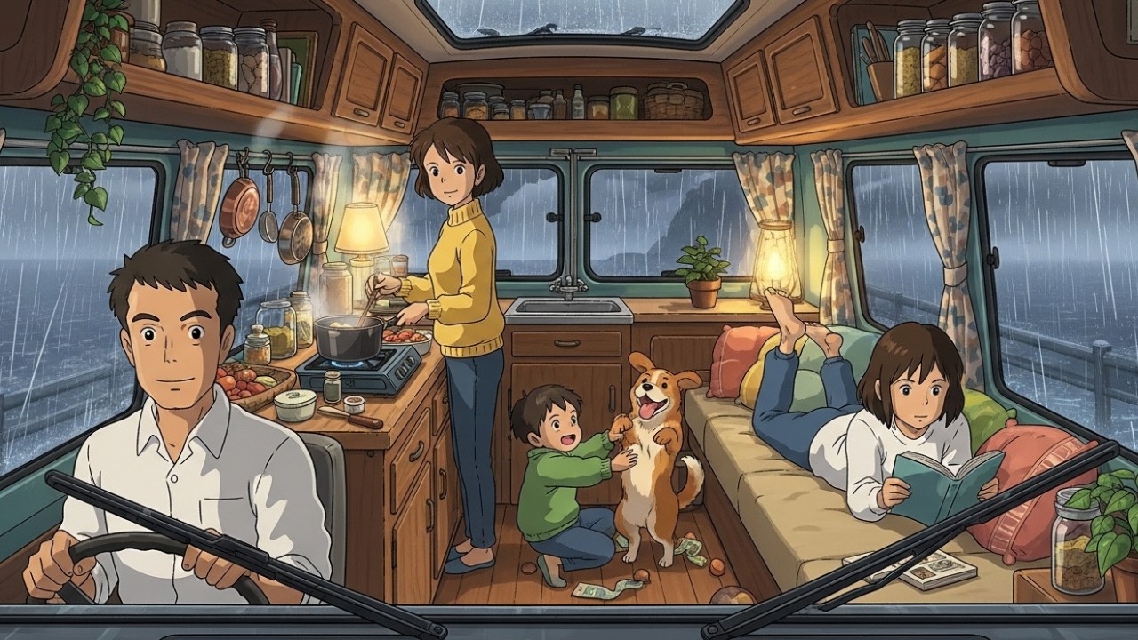 Rainy Coastal Road Trip in Our Mobile Home 🚐🌧️ | Cozy Family Moments | Ghibli-Style