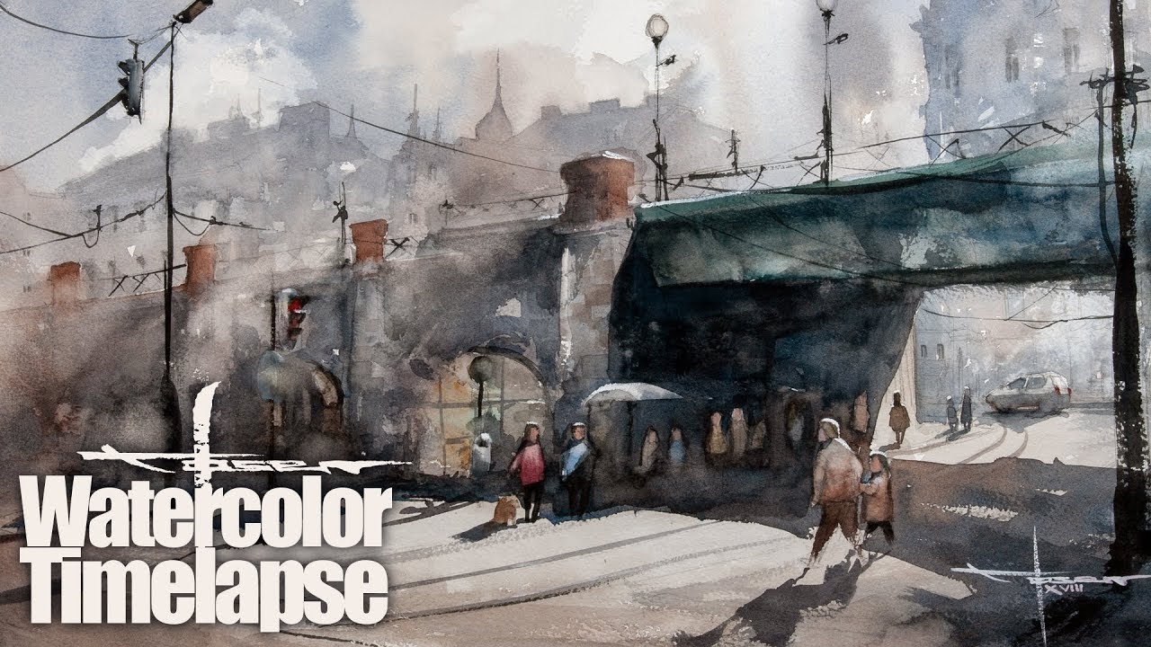 Watercolor [Speed painting - Timelapse]  Vienna Cityscape Tram Bahnhof