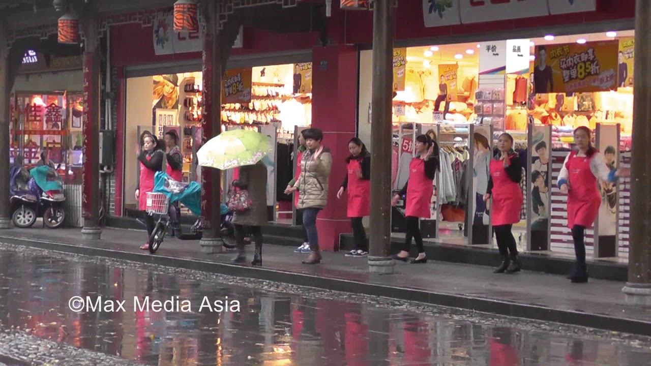 Mandatory Morning Dance Boost Morale for Shop Workers Dujiangyan Old  Town Sichuan Chengdu