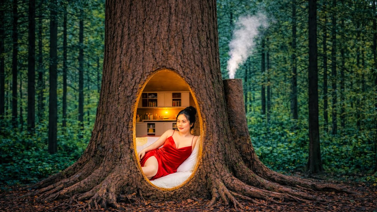Bushcraft Survival: Solo Girl Builds a Hidden House Inside a Tree Trunk | ASMR