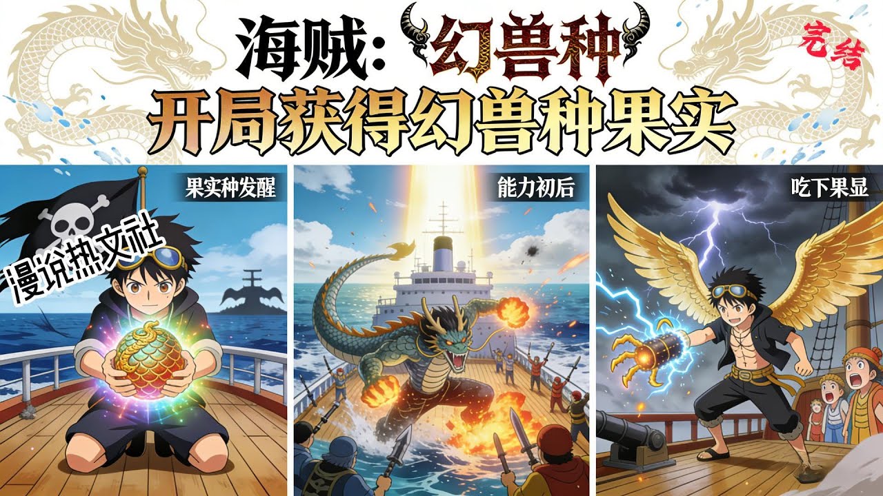 完结《海贼：开局获得幻兽种果实》穿越成为孤儿。命运的齿轮在他啃下那颗纹路奇异的恶魔果实瞬间开始偏转——那不是普通的自然系或动物系，而是传说中寥寥无几的幻兽种·青龙形态！  #穿越#海贼#动漫衍生