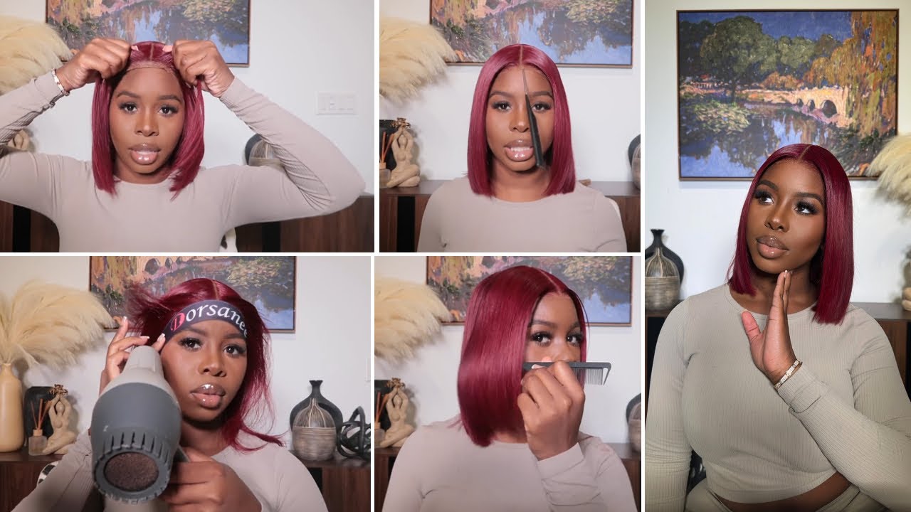 🔥100% Glueless No Adhesive Needed, Lace Frontal Burgundy Bob Cut Wig Install ft.Dorsanee Hair