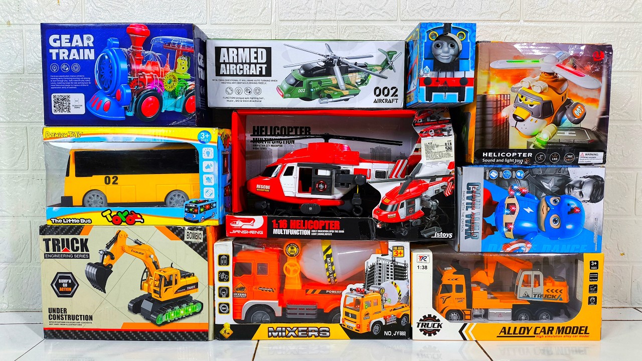 Unboxing Excavator, Kereta Api, Helikopter Pemadam, Truk Molen, Bus, Helikopter Militer