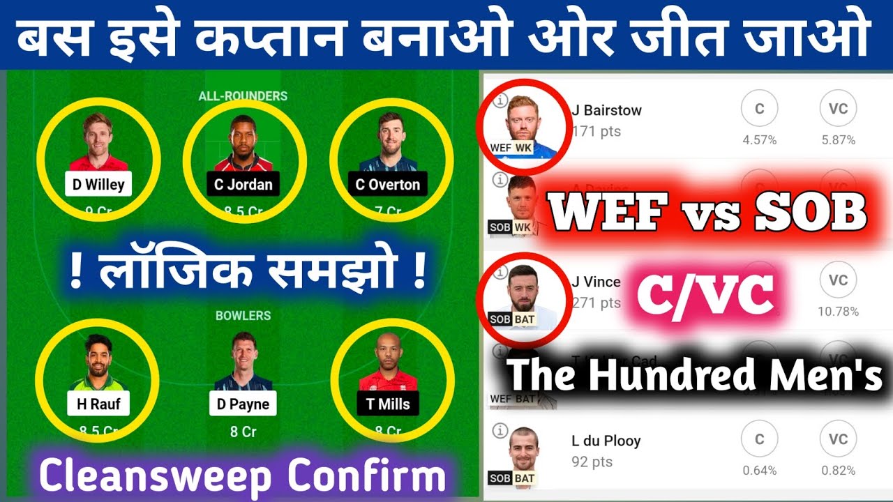 WEF vs SOB Dream11 Prediction || Welsh Fire vs Southern Brave Dream11 Prediction || Dream11 Team