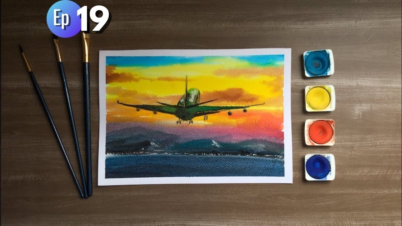 Acuarela para principiantes #19 / 🧡🌈Cómo pintar un avión aterrizando 😱