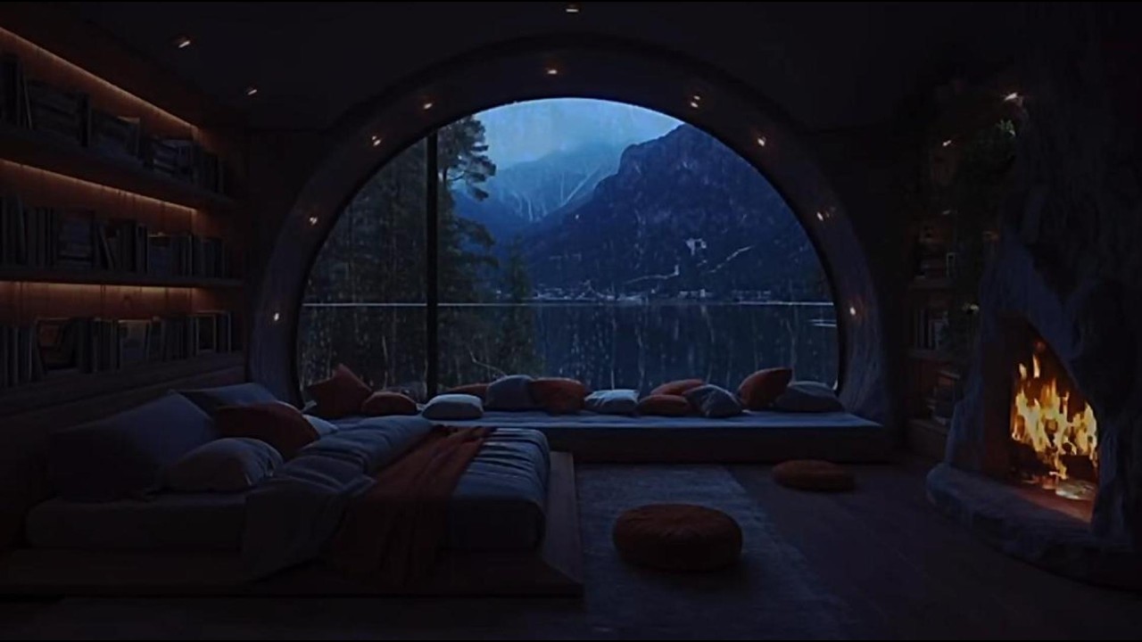 Cozy Cabin Fireplace | Soft Rain Outside Window (11 Hours)