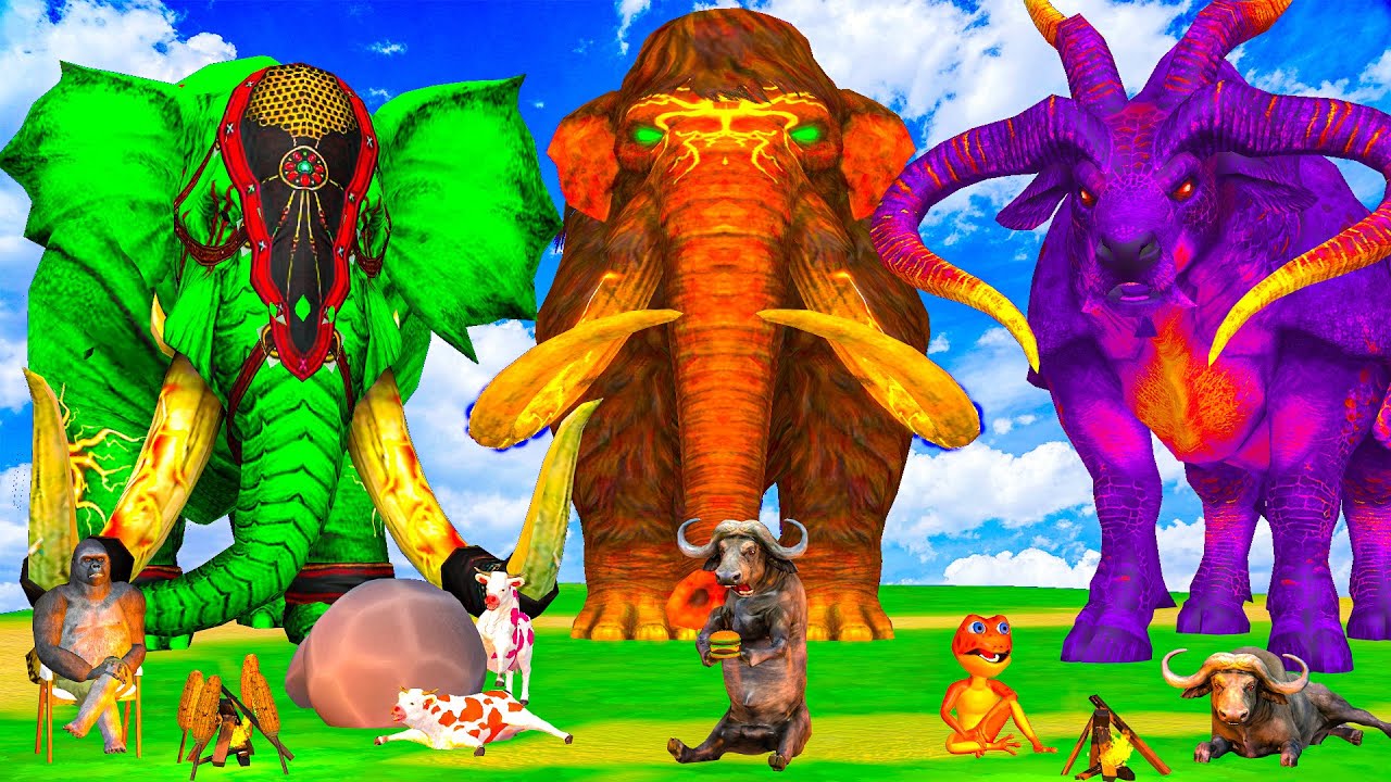 5 Giant Mammoth Elephant Cow vs 5 Giant Lion Tiger vs Hybrid Rhino Zebra Saved By Woolly Mammoth