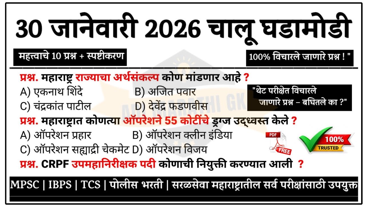 30 January | Current Affairs Today | Chalu Ghadamodi 2026 #policebharti  #chalughadamodi #marathigk
