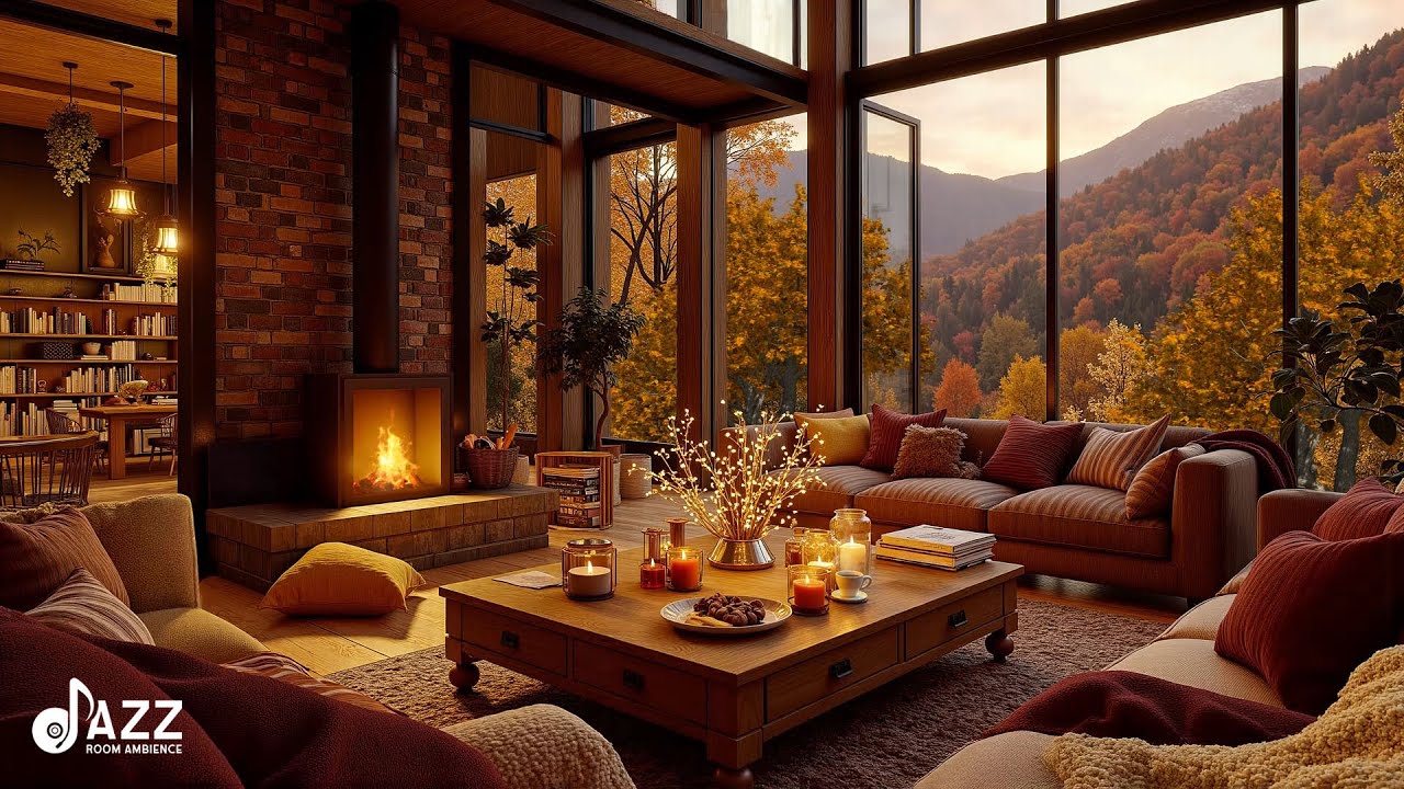 Cozy Autumn Living Room Jazz Ambience 🔥🍁 Relaxing Fall Fireplace Music with Candlelight Glow
