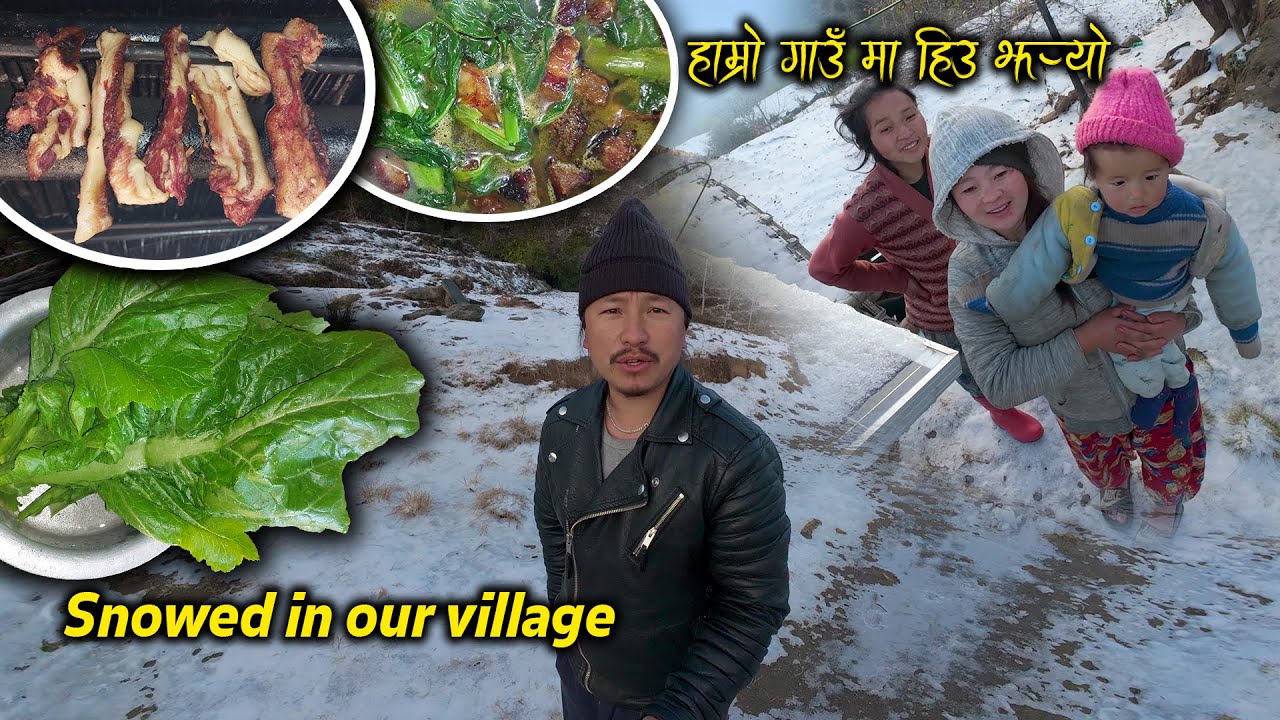 After a long time it Snowed in our village || Pork & Green Mustard (RAYO) Recipe || Cold wether Time