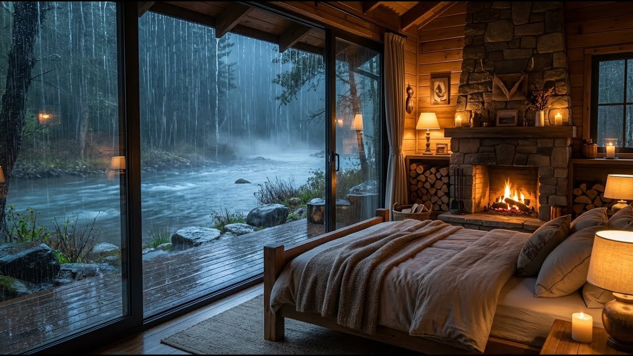 4K Ultra HD   Warm Cabin: Rain & River Sounds  for Insomnia Relief   4K ASMR