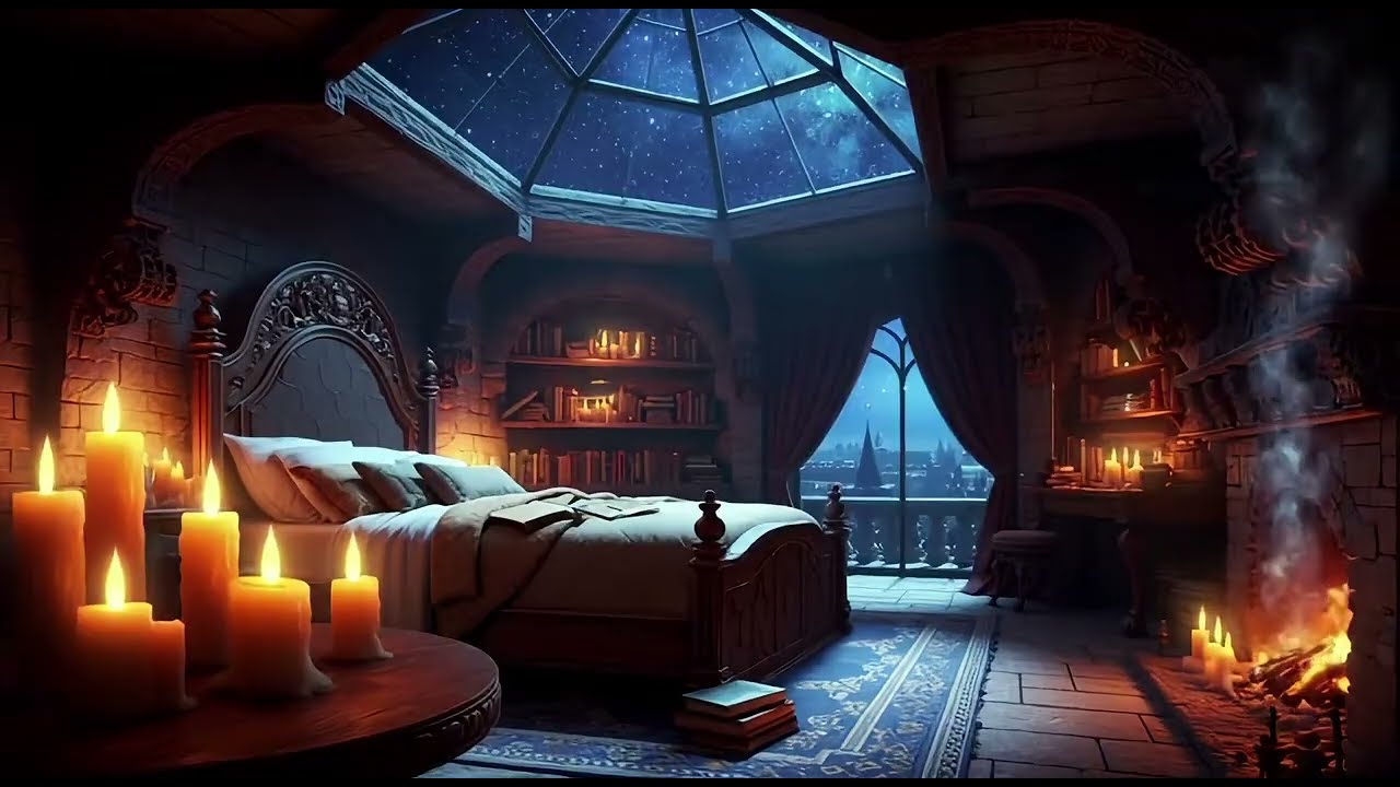 A Starlit Castle Bedroom with Warm Candlelight Glow. Perfect for reading, relaxing and sleeping.