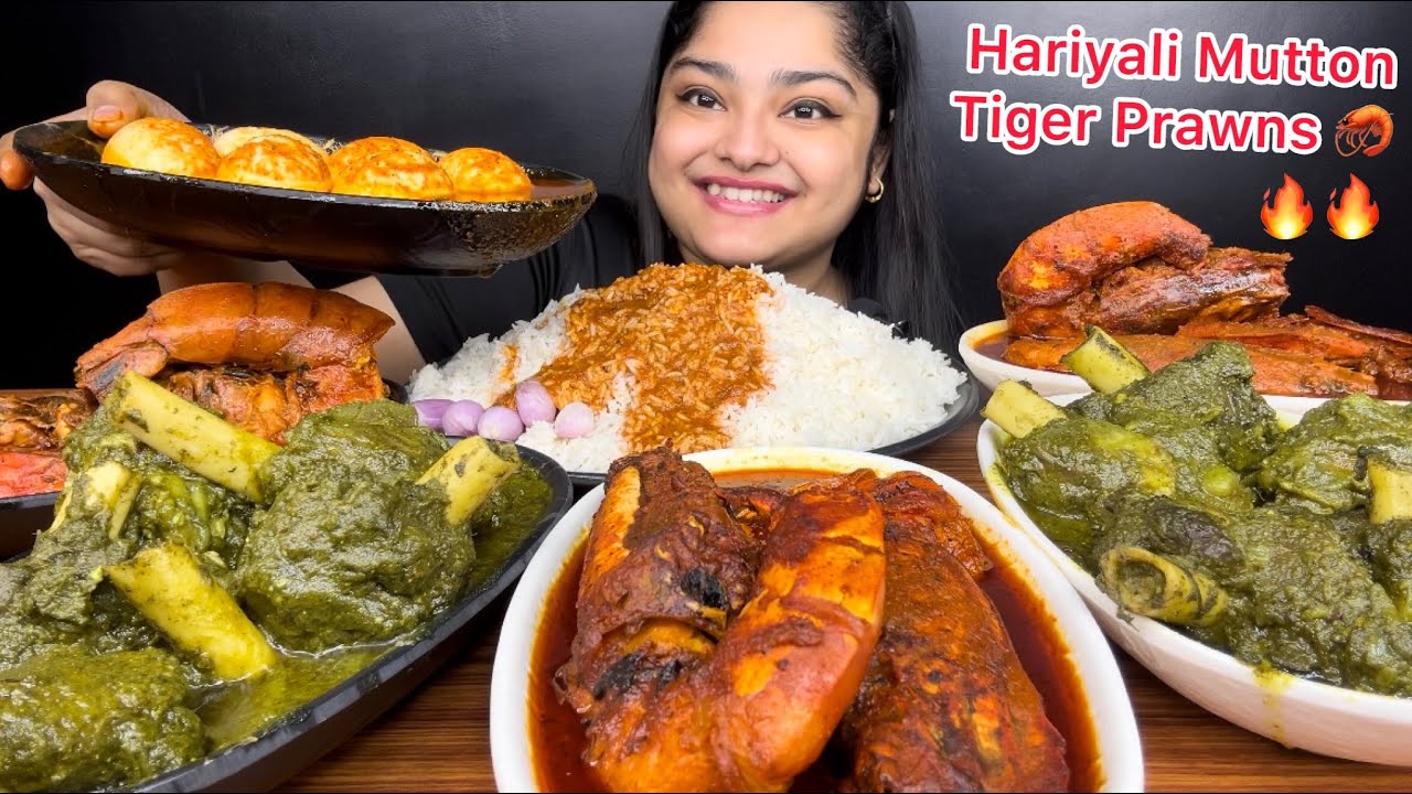 SPICY HARIYALI MUTTON NALLI CURRY, SPICY JUMBO TIGER PRAWNS CURRY AND SPICY EGG CURRY | EATING SHOW