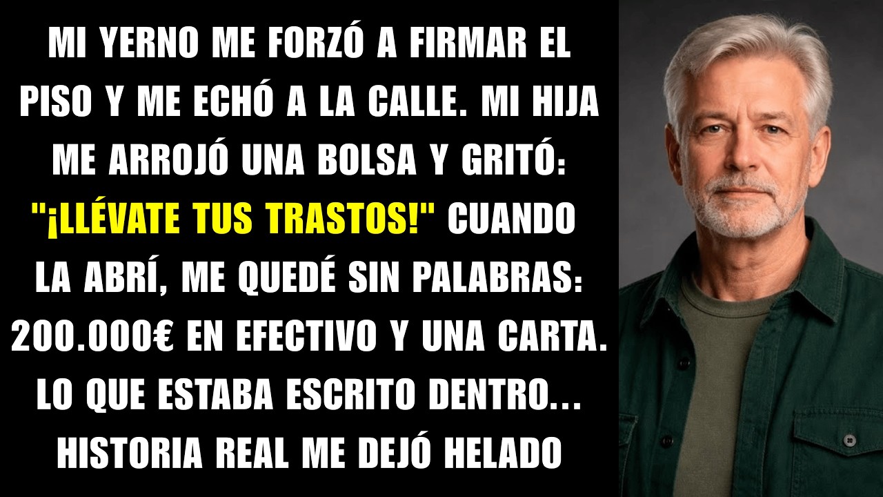 Mi yerno me obligó a firmar la casa y me echó. Mi hija me lanzó una bolsa vieja y gritó: 