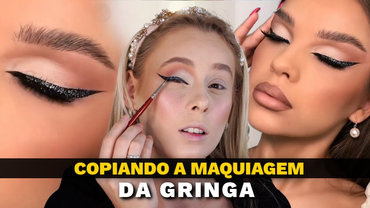 COPIANDO a MAKE GRINGA * DELINEADO GATINHO DE GLITTER e SEMI CUT *