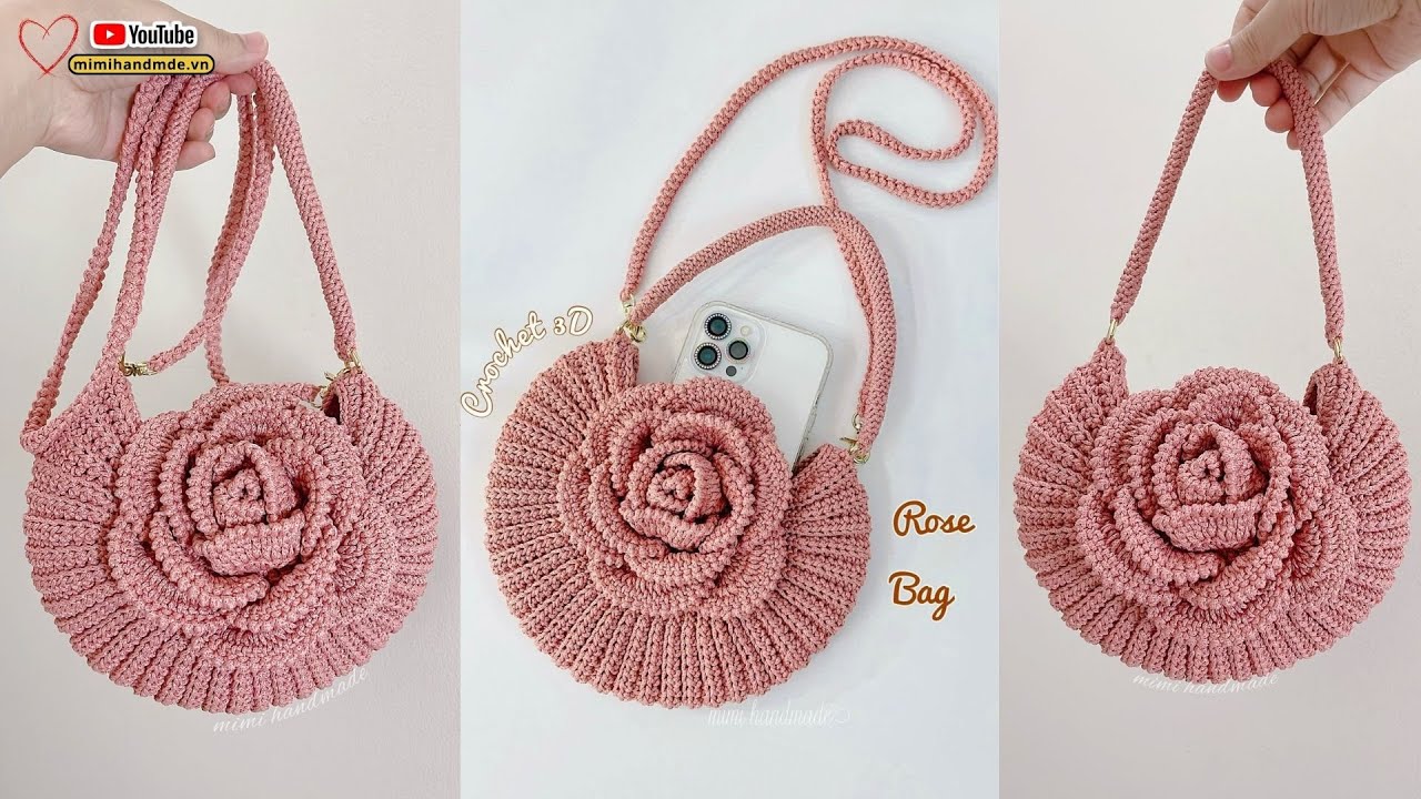 Móc Túi Hoa Hồng 3D 🌹 Fom Túi Sò Có Quai Xách, Quai Đeo Chéo Rời | Crochet 3D Rose Bag