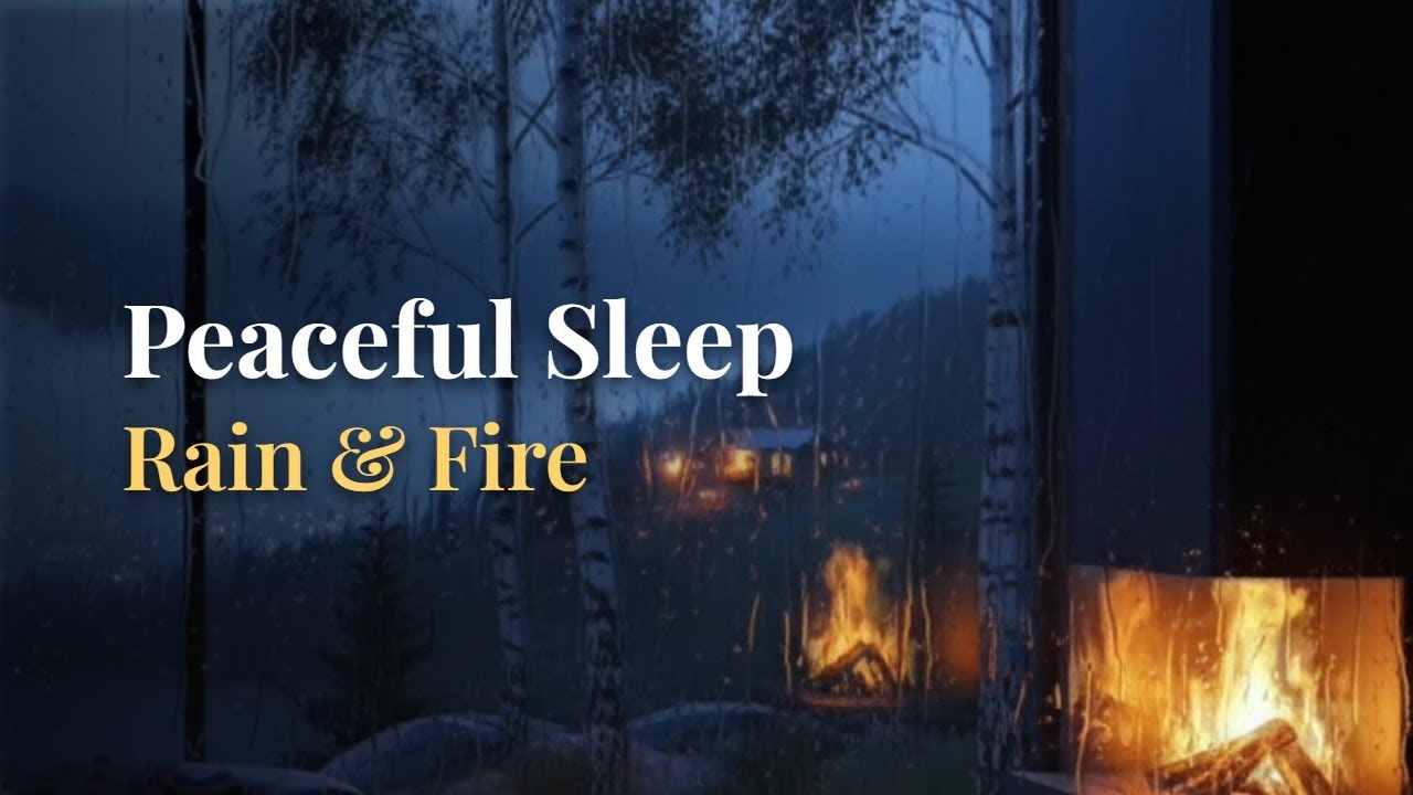 Warm Cabin Night Ambience | Fireplace Crackling & Gentle Rain for Relaxation and Sleep