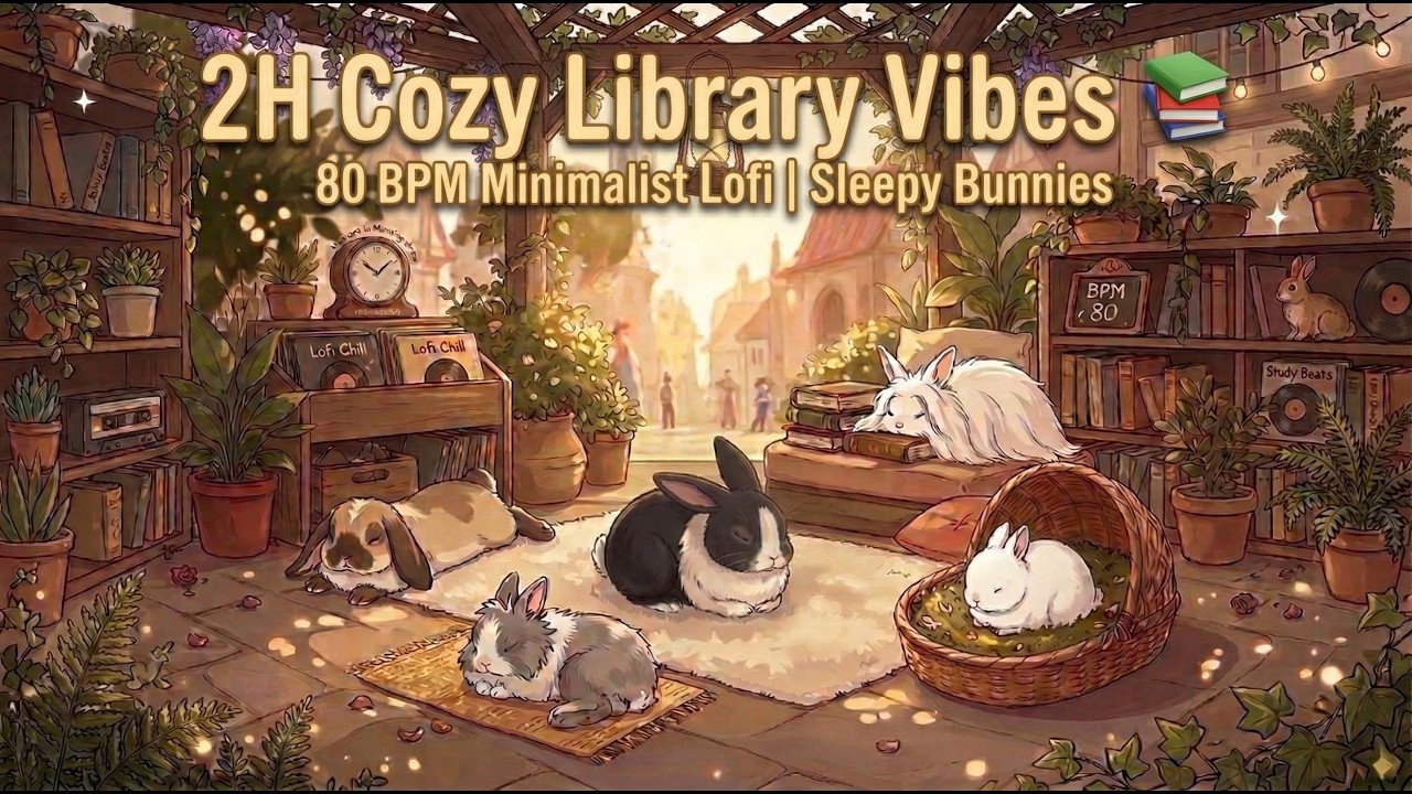 2H Cozy Library Vibes 📚 80 BPM Minimalist Lofi | Sleepy Bunnies【80BPM穩定極簡音樂，與熟睡小兔深度專注自修室