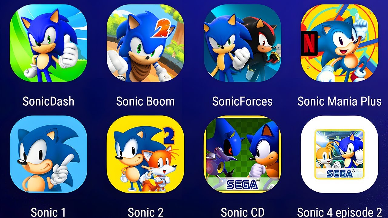 Sonic Games: Sonic Dash, Sonic Boom, Sonic Forces, Sonic Mania Plus, Sonic 1 & 2 & 3 ep 2, Sonic CD
