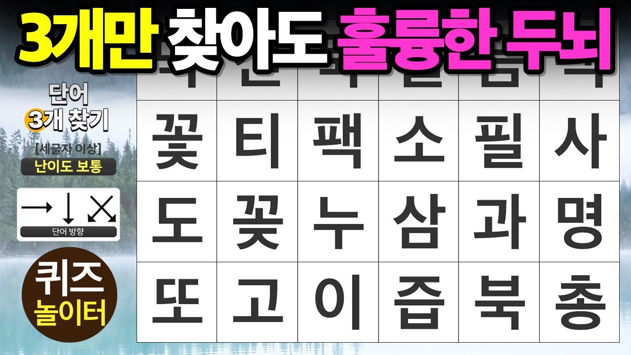3개만 찾아도 완전 똑똑한 두뇌 - 숨은단어찾기 · 치매예방 · 치매테스트 · 단어퀴즈 · 낱말퀴즈
