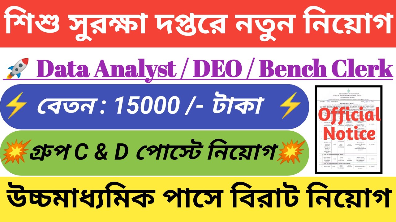 💥 West Bengal District Child Protection Unit Recruitment 2023📍Group D Job📍WB 12th Pass Job📍Govt Job📍