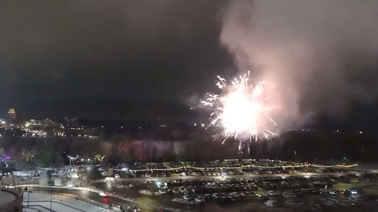 Niagara Falls Fireworks 12/27/25 as seen from our 10th floor room at the Vittoria Inn and Suites. 
