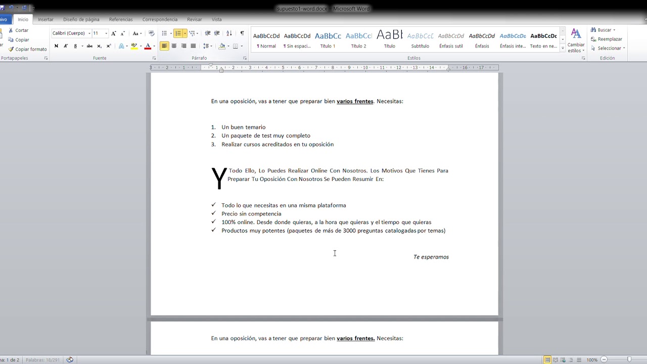 Supuesto online Microsoft Word 1 Ofimatica para opositores administrativo, tramitación, auxilio,...