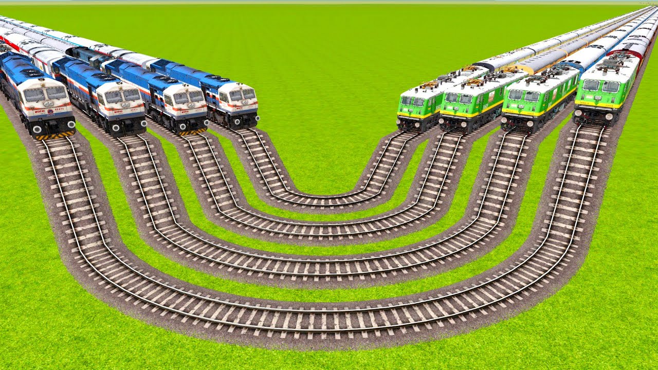 FOUR WAG 9 AND FOUR WDP4D TRAINS FACE TO FACE CROSSING ON FOUR CURVED RAILROAD TRACKS|TrainSimulator