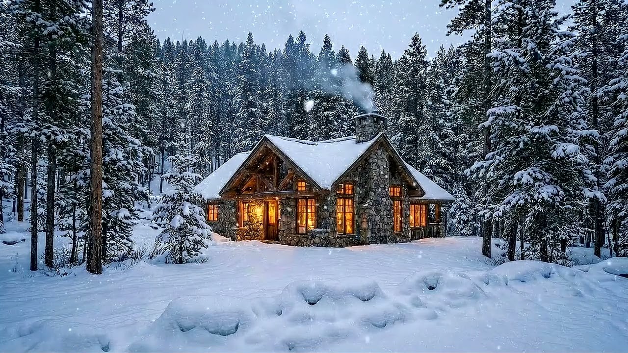 Snowy Cabin Fireplace Night | Winter Sleep Ambience