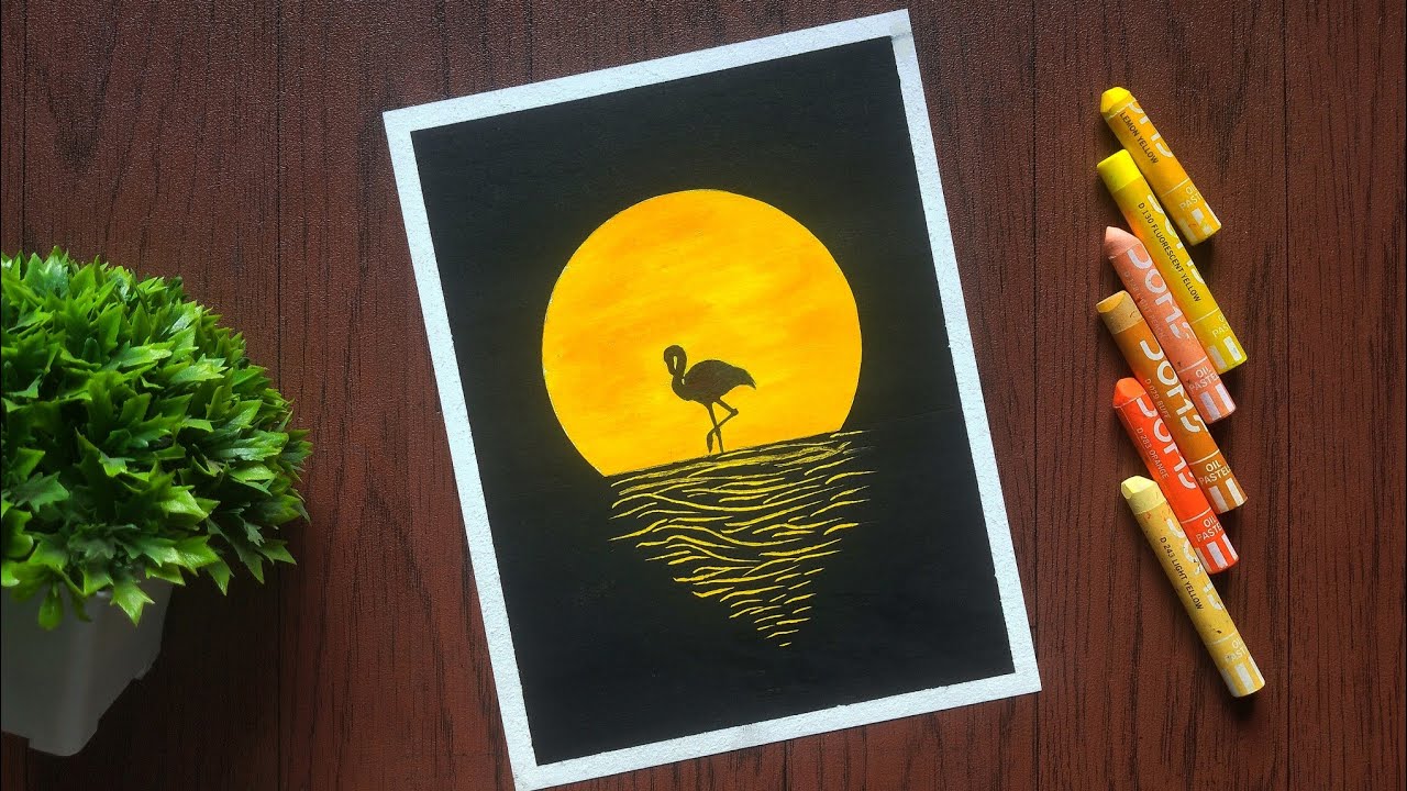 Flamingo Bird With Moonlight Night Oil Pastel Drawing 🦩