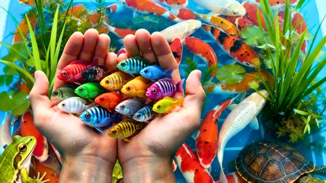 Catch beautiful aquarium fish in small pond baby turtles, eel, frog, catfish, guppies, koi fish.